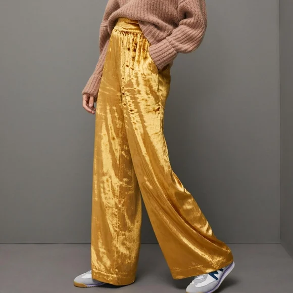 Anthropologie, New, Maeve Anastacia Gold Wide Leg Velvet Pants, Size Medium - Picture 1 of 12